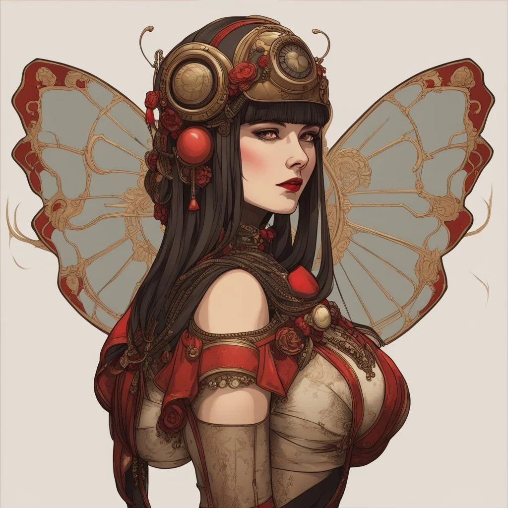 Full body, art nouveau woman with a bob with a fringe hairstyle, Cleopatra clothing, steampunk metal butterfly wings, red markings, black background