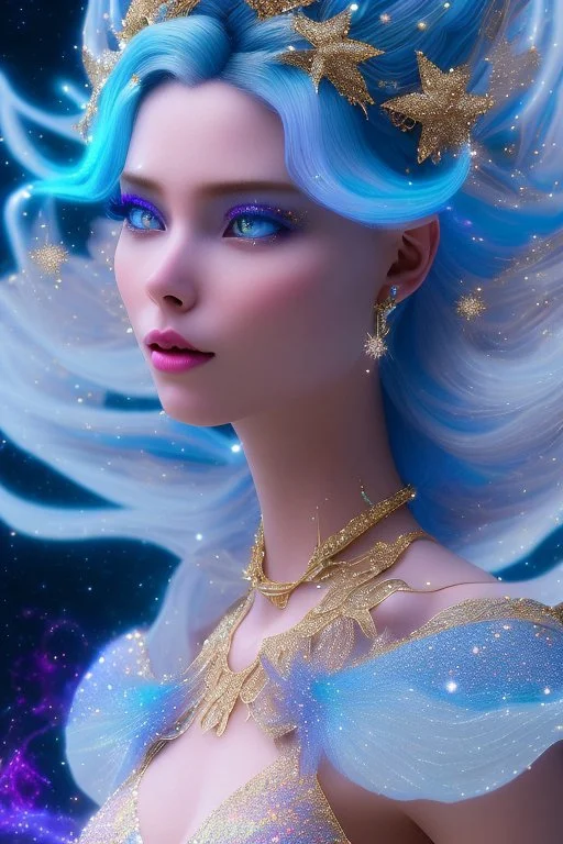 woman glitter blue fairy in a galactic ambiance, long blue hair, detailed gorgeous smile, delicate colors in the foreground, full of details, smooth, light effect，vaporwave colorful, smooth, extremely sharp detail, finely tuned detail, ultra high definition, 8 k, unreal engine 5, ultra sharpBeautyful smiling young woman, long hair amazing blue eyes, flowers, happy cosmic, bright colors, blue, pink, gold, jewels, realistic, photo real, clear sunny background, highly detailed, high contrast, 8k 