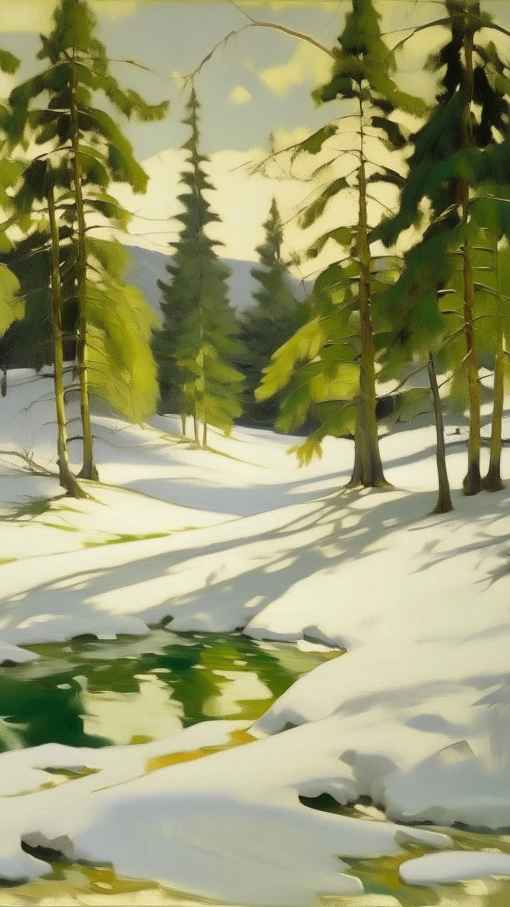A white snowfield with spruce trees painted by John Singer Sargent