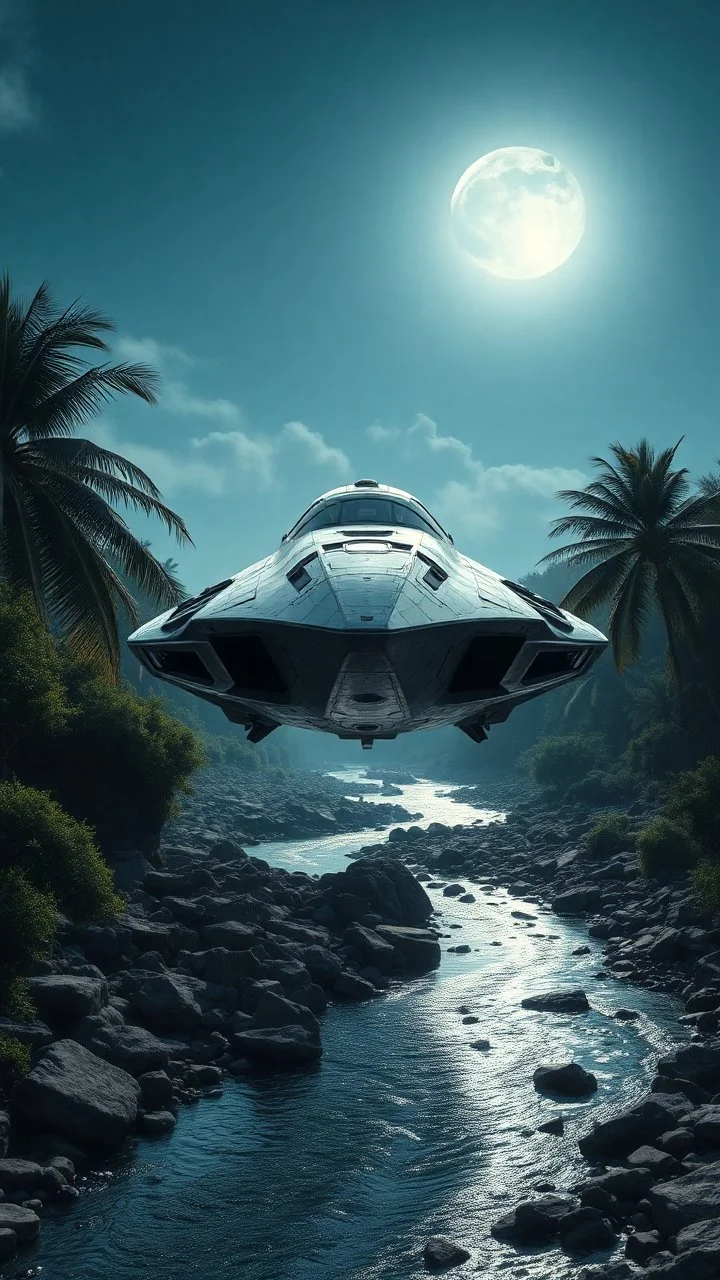 Close-up photo from the front straight. A spaceship with a lot of details design landed beside a winding rocky river below and two large coconut trees on the left and right zoom distance from the front. Even the gothic day the moonlight shines. Bright lighting.