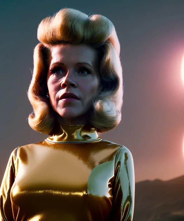 Ultra Realistic retro sci-fi image from 1960, spaceship, sweet young woman Jane Fonda with a Lizard face Man, dress with tight latex coat and retro glass helmet, Retro sci-fi style, soft color, highly detailed, unreal engine 5, ray tracing, RTX, lumen lighting, ultra detail, volumetric lighting, 3d, finely drawn, high definition, high resolution.