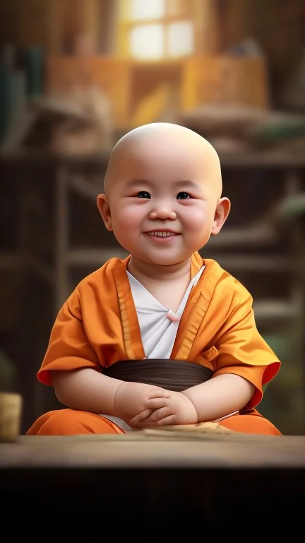 A 3-year-old monk boy with round cheeks, sitting, looking at the camera, monk costume, cute and cute, masterpiece, high quality, highly detailed.