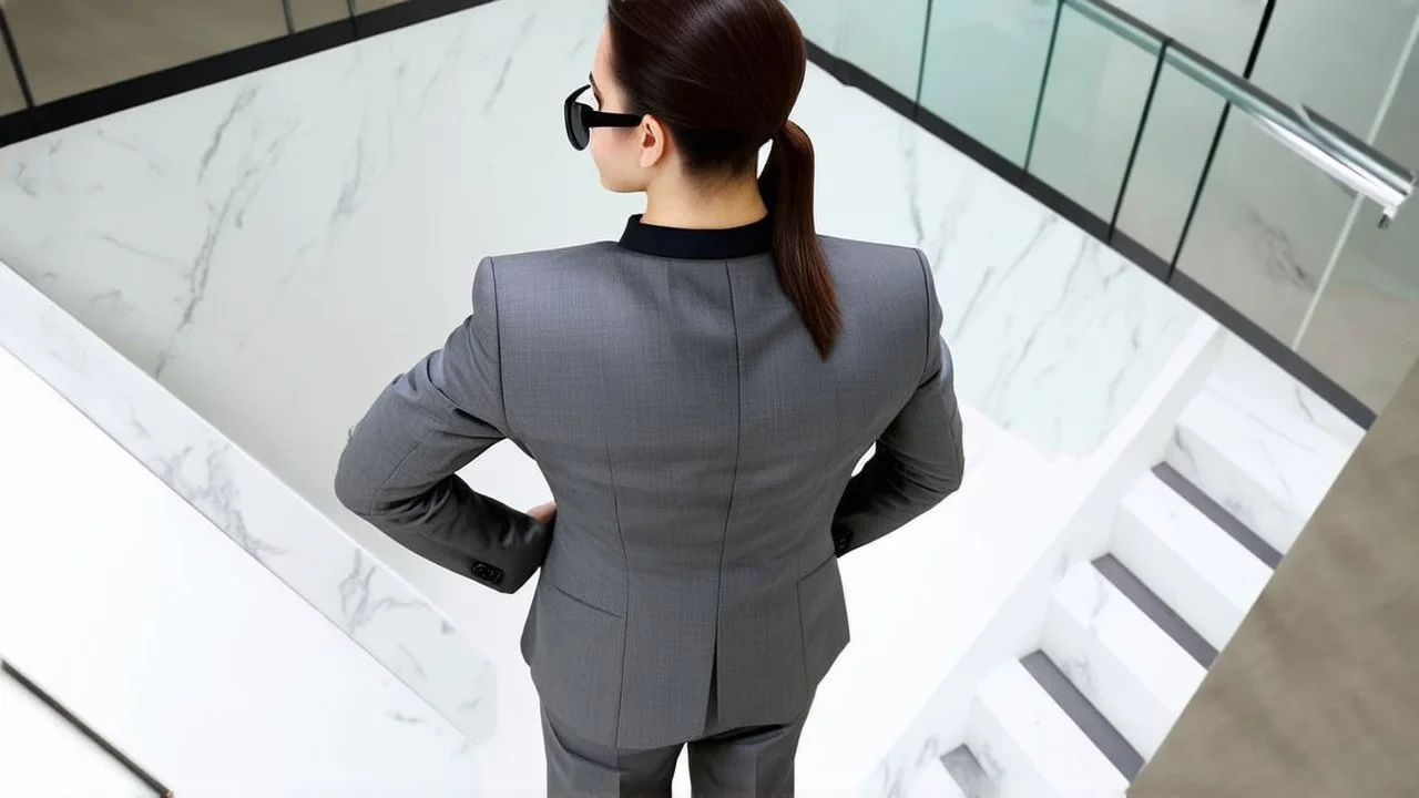 In a high-angle perspective, a woman is seen standing in front of a staircase, her back to the viewer. She is dressed in a gray suit jacket, gray pants, and a black collared shirt. Her hair is neatly pulled back into a ponytail and she is adorned with a pair of black sunglasses. The staircase, built of white marble, has a glass railing on each side. To the left of the staircase, a brown-framed window adds a touch of natural light. The light brown wooden floor is adorned with a few cushions on bo