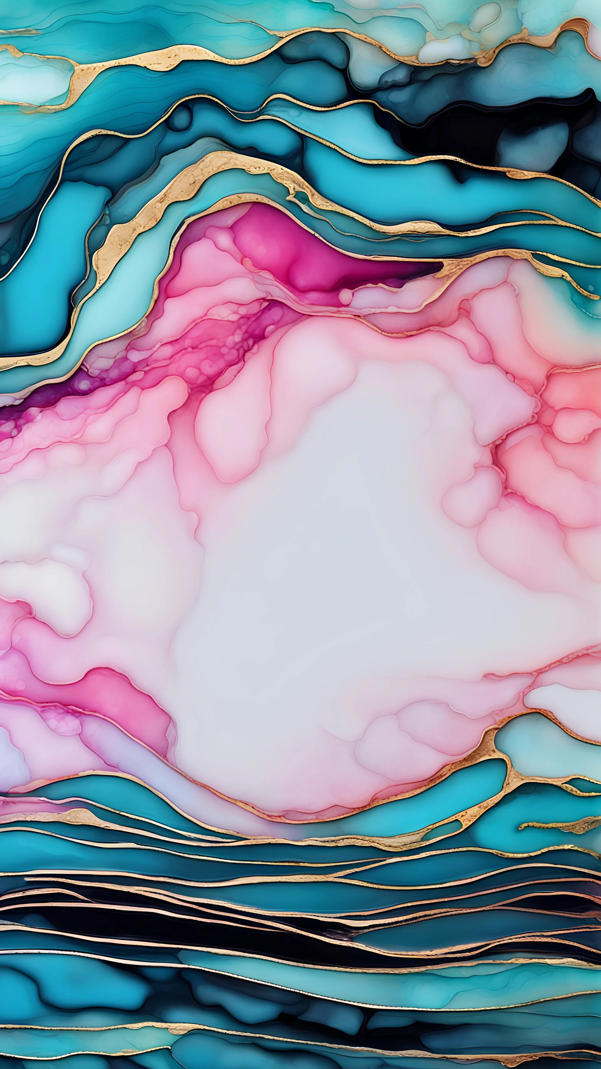 Alcohol ink art tile pattern. Vibrant, fantasy, delicate, ethereal. Sea. Shades of blue, black, teal, pink, turquoise, white. with golden outlines waves on shore. colorful beach. Background ink drip.