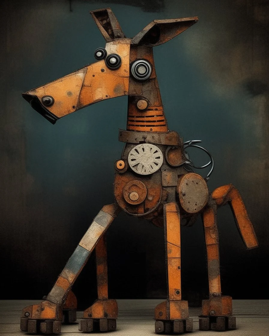 Illustration, comical dog created with disconnected shapes, shapes composed of flat rusted distressed metal panels. long irregular scalene triangle for head with oddly shaped ears, long neck connecting triangle head to oval body, with four legs and paws attached to body. A large rusted gear for the tail. whimsical, steampunk, dark distressed background.