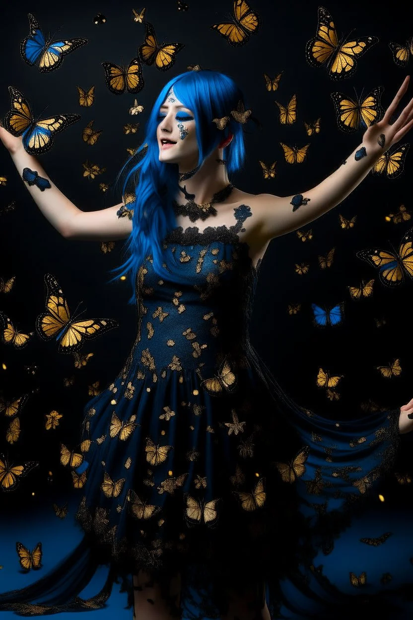 Girl with blue hair in black and gold dress dancing with butterflies
