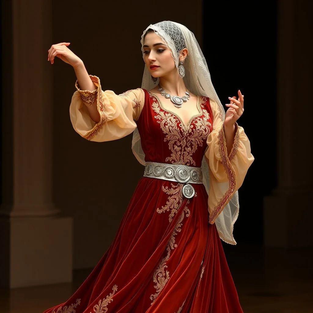 single women in elegant, long, flowing dress (possibly Azeri don or similar styled), made from rich fabrics like velvet or silk, adorned with intricate gold or silver embroidery, particularly on the bodice and sleeves. she wear delicate, often lace headscarves (kelaghayi) covering their hair, and traditional Azerbaijani jewelry (layered necklaces, large earrings, intricate silver belts with coin motifs). Their movements are graceful, fluid, and expressive, with elegant arm gestures and gentle, s