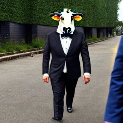 A cow wearing a suit and tie