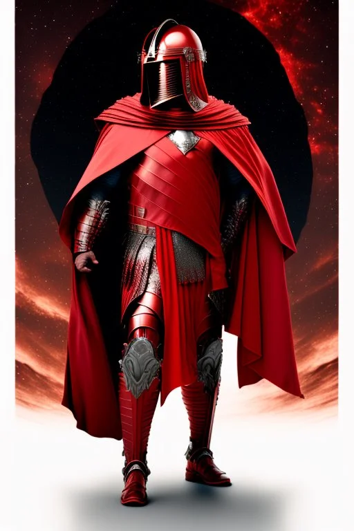 Planet Mars portrayed as a menacing man wearing Roman-like armour, a red cape, and a spartan helmet that covers his face entirely