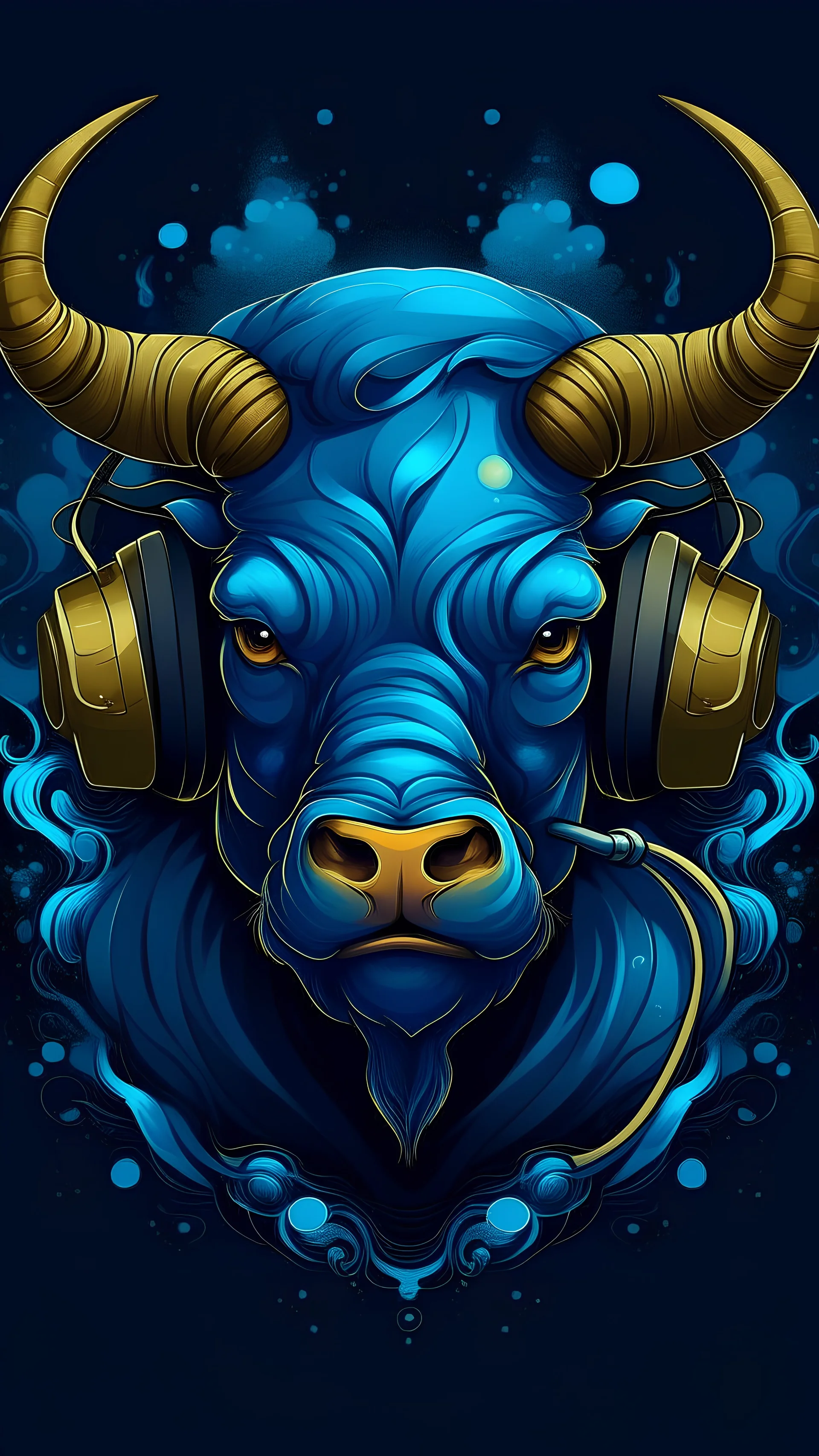 t-shirt design, angry bull with headphones on his ears, digital art by Jan Tengnagel, shutterstock contest winner, furry art, artwork, angular, art. Deep sea color
