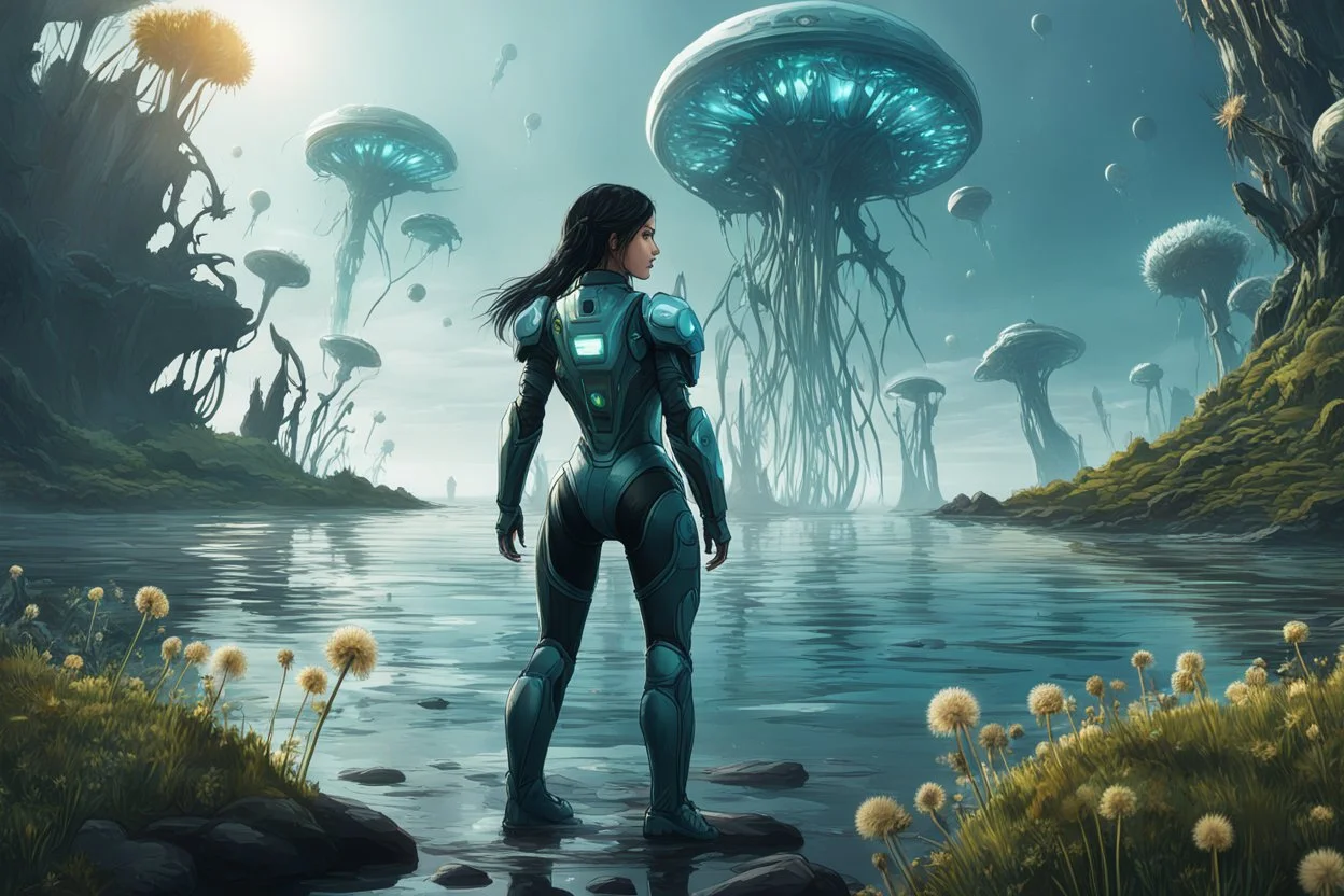 young woman in an android suit with dark hair, standing on the shore of an alien sea. Floating forests with dandelion tops in the distance