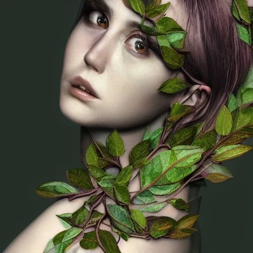 Mysterious girl body of leaves and gnarled branches extending past face and morphing into reality, color tattoo, 8k resolution, high-quality, fine-detail, intricate, digital art, detailed matte, volumetric lighting, illustration, octane render