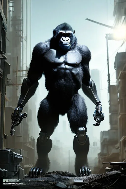 Robot Gorilla, post-apocalyptic in a cyberpunk city, realistic, intriacte detail, sci-fi fantasy style, volumetric lighting, particales,highly detailed,cinamatic, deep