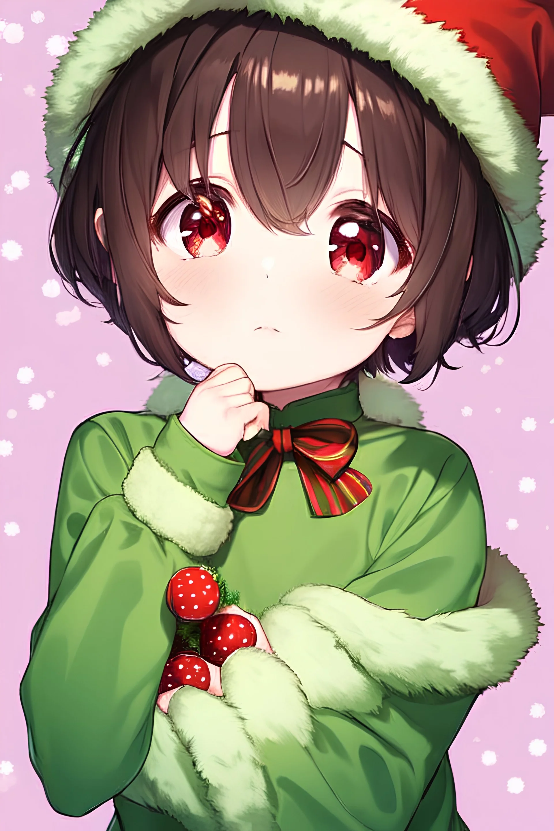 Anime style, Child girl, short brown hair, has red eyes, He has pink dots on his cheeks, wears a green shirt horizontally striped with yellow, He's in a snow-covered place, he's wearing a standard red Christmas hat,