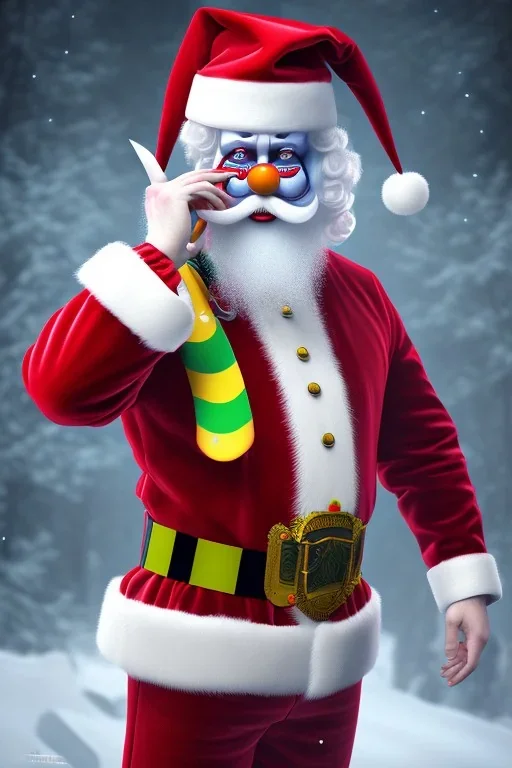 Clown from IT dressed in a santa outfit,high detail, volumetric lighting, tiny features, intricate detail,volumetric clouds