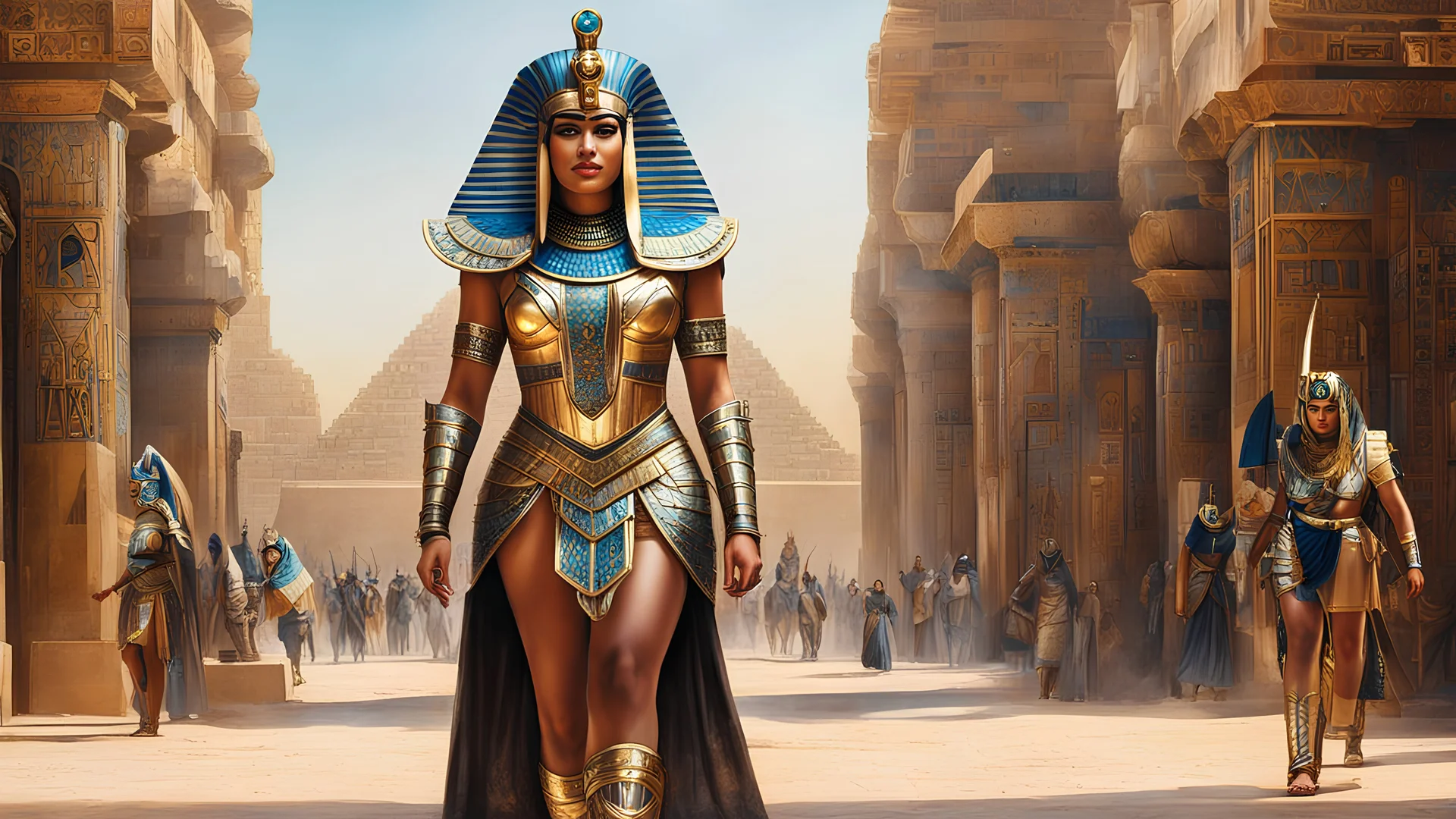 acrylic illustration, acrylic paint, oily sketch,1Egyptian female ,full body, queen, Egyptian Parrley_armor, big bulky futuristic armor, armor, egyptian royal head decoration, makeups, glowing eyes walking in the Egypt city cairo photorealistic, studio lighting, hard light, colors, hyperdetailed, hyperrealistic, 4K, Masterpiece, highres, absurdres scifi, iridescent gold wires, by [ Iryna Yermolova | Conor Harrington]