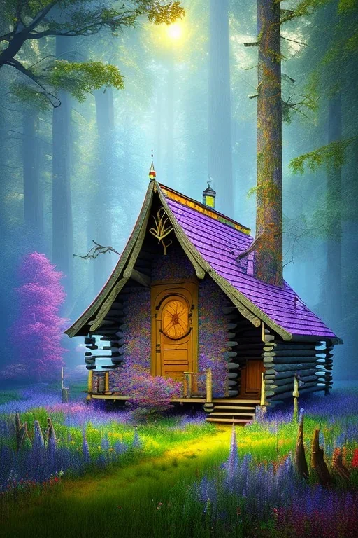 mystical forest, wooden cabin, Neo-Impressionism, mystical, purple blue yellow silver teal black olive azurek, red, pink, brown, sharp focus, fine detail,