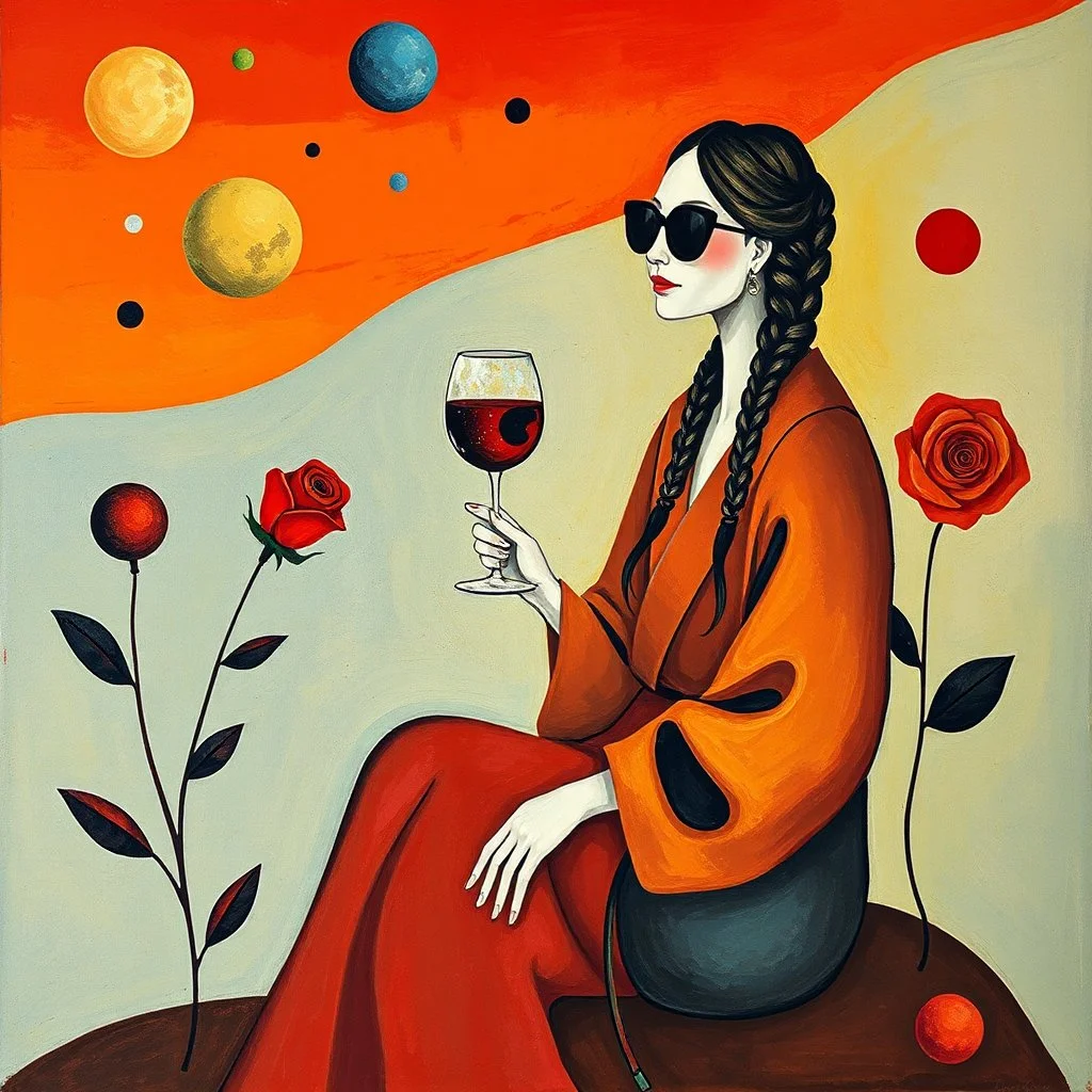 create an abstract surreal gouache painting inspired by Joan Miró, with symbolic shapes suggesting a woman in a robe with braided hair and sunglasses, sitting near a red rose, holding a glass of wine, abstract floating forms and playful cosmic shapes in a golden-red sunset palette --ar 16:9 --v 7 --style 4b --q 2