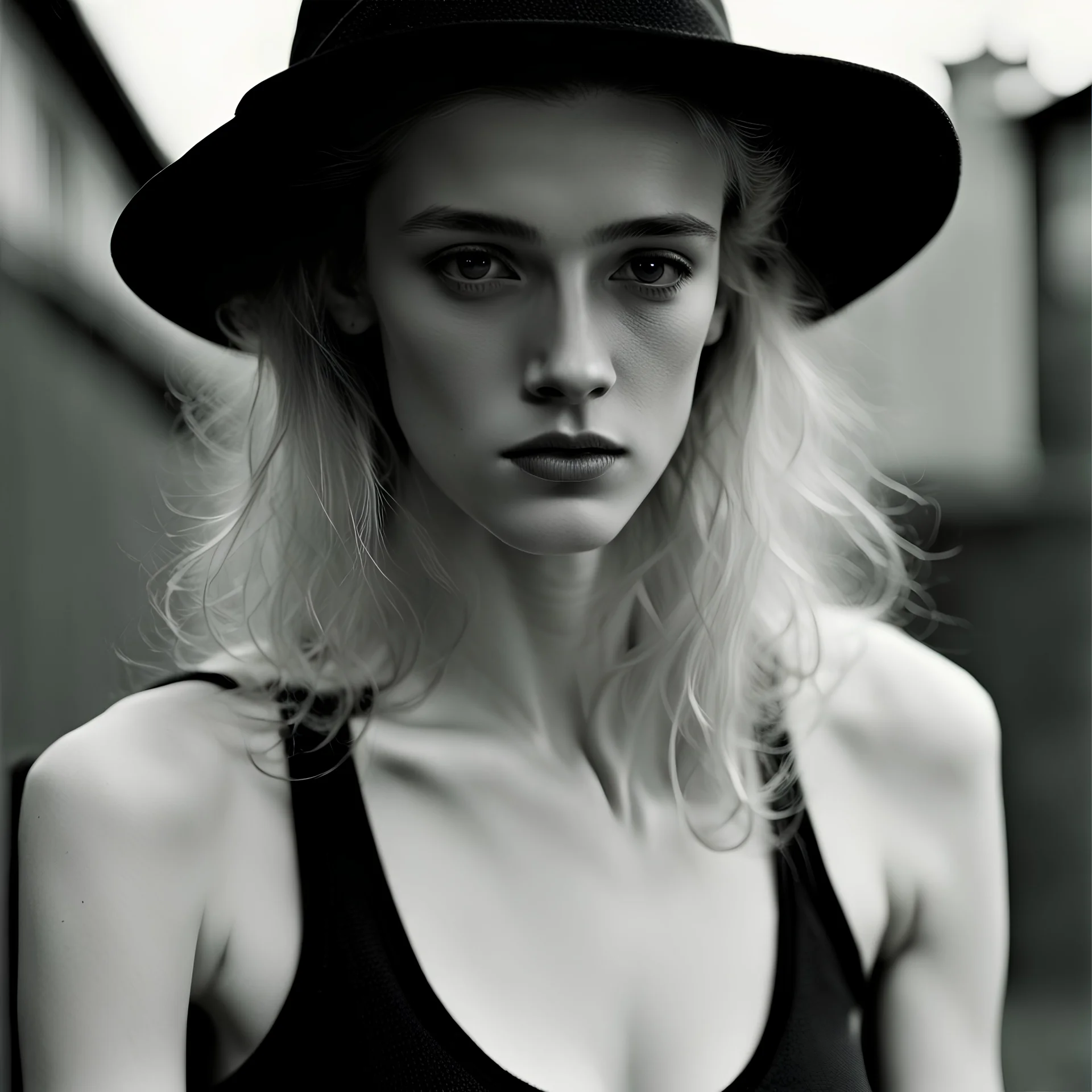 a black and white photo of a woman in a tank top, in style of alasdair mclellan, young and slender, (pits) ::5 , ukrainian, sweat, tomboy, pretty long hair, julia garner, full page periodical image, daguerrotype, in full growth, super model, flat grey, archived photograph --v 5.1 --ar 3:4