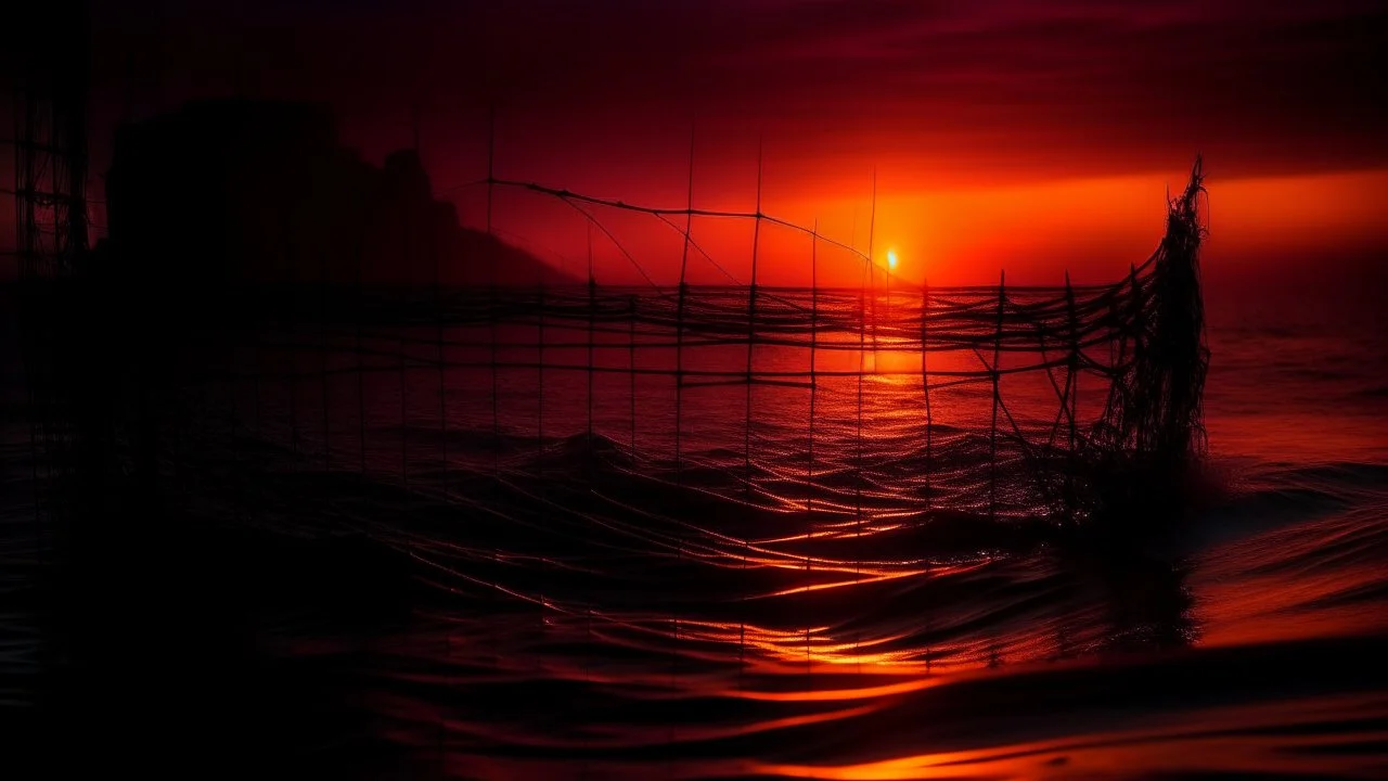 dark and mysterious, a cable cage at sea during sunset, vibrant orange and pink hues in the sky, casting a warm glow on the water, dark shadows and fog, blurred, neo-expressionism