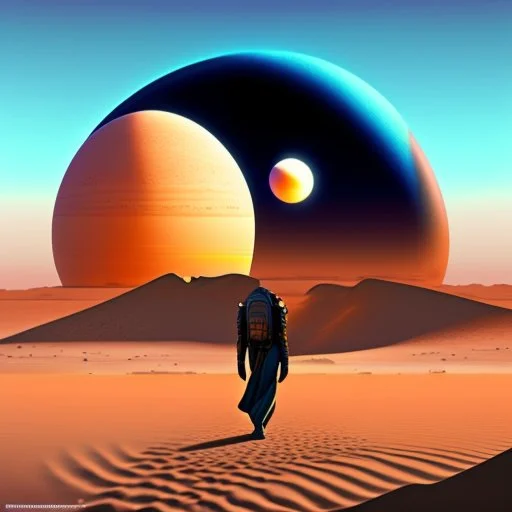 person alone in planet ,Dune-Desert Planet Arrakis: Image of a barren, sandy desert planet with two moons in the sky, conveying the harsh environment of Arrakis., Alexandro Jodorowsy Art,Juan Gimenez Art,Space Art,Sci-Fic Art,Dark Influence,NijiExpress 3D v2,Kinetic Art,Datanoshing,Oil painting,Ink v3,Splash style,Abstract Art,Abstract Tech,CyberTech Elements,Futuristic,Epic style,Illustrated v3,Deco Influence,Air Brush style,drawing