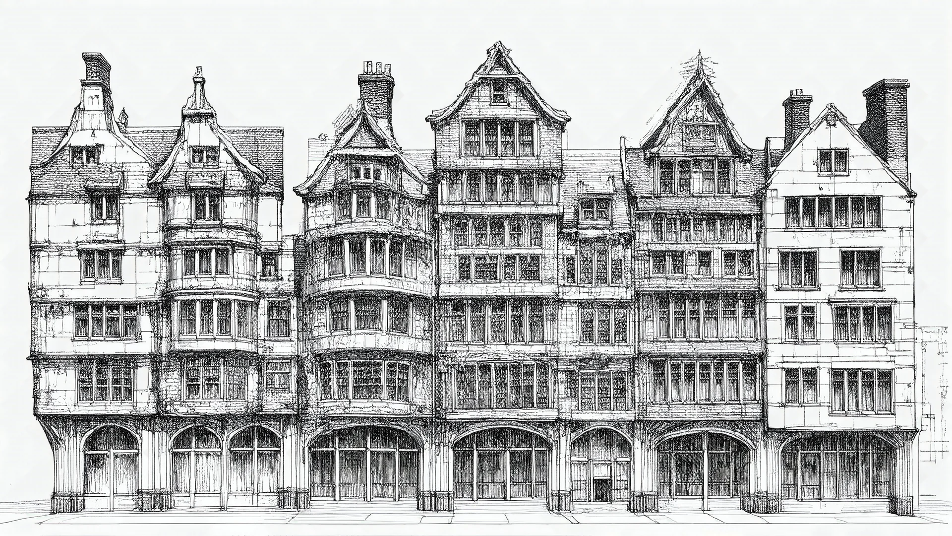 technical drawing pencil sketch front elevation of a row of skeletal multi-story fantasy tudor buildings
