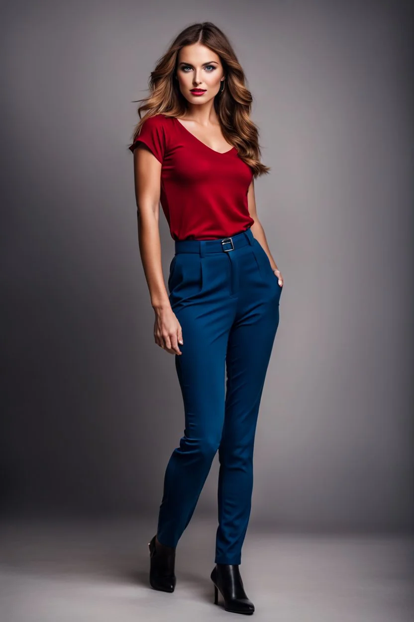 fullbody shot of young-beautiful-german girl-with-a-perfect-face-with-make-up-wearing- blue top and dark red pants standing , prophesional photography studio