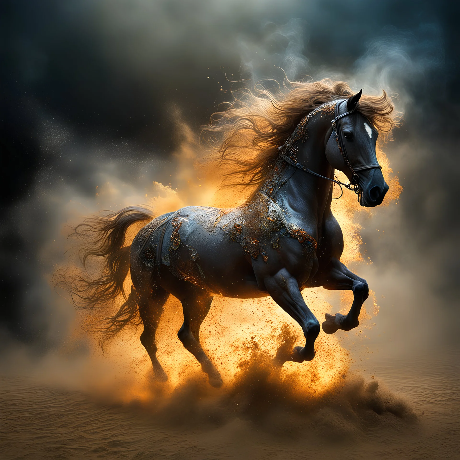 a sand horse explodes into a thousand pieces and melts into clouds of smoke-like being created out stone with glowing ornaments ((coming out from the ground), dust dances around the horse, wooden natural pieces and ornaments, by Agostino Arrivabene and jeremy mann, RAW, intricate, vibrant colors, award winning image, 16k, global illumination, depth of field