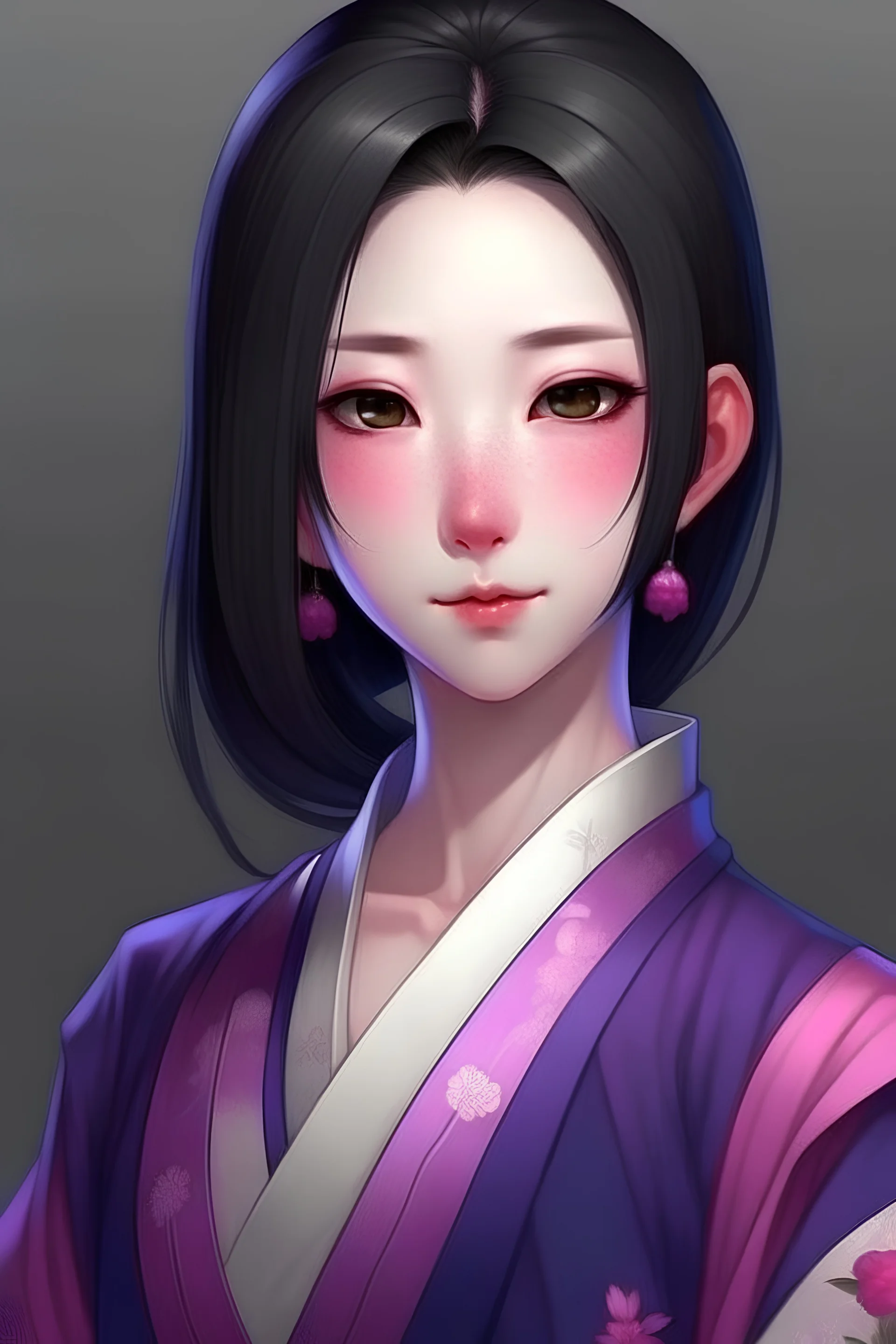 Crea un personaje mujer, con rasgos asiáticos, piel blanca, pelo violeta oscuro, ojos color rosados, vestimenta típica japonesa con colores de gama violeta. de unos 26 años de edad. Este personaje se encuentra en una ciudad típica japonesa, parada portando una catana