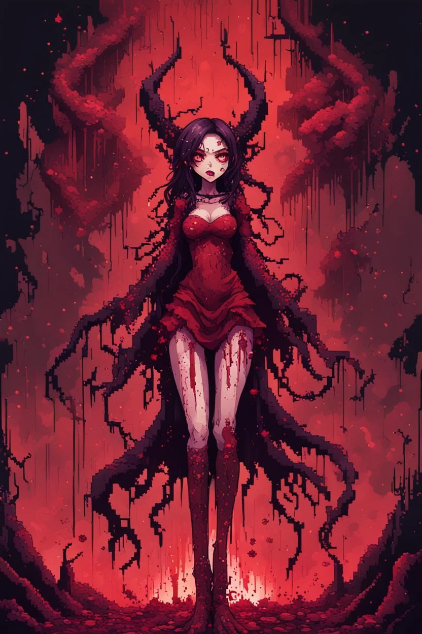 Demon girl wizard in front, fullbody, behind blood guts rising from the ground, horror, nightmare, galaxy, darkred tones, 8bits, pixel art,