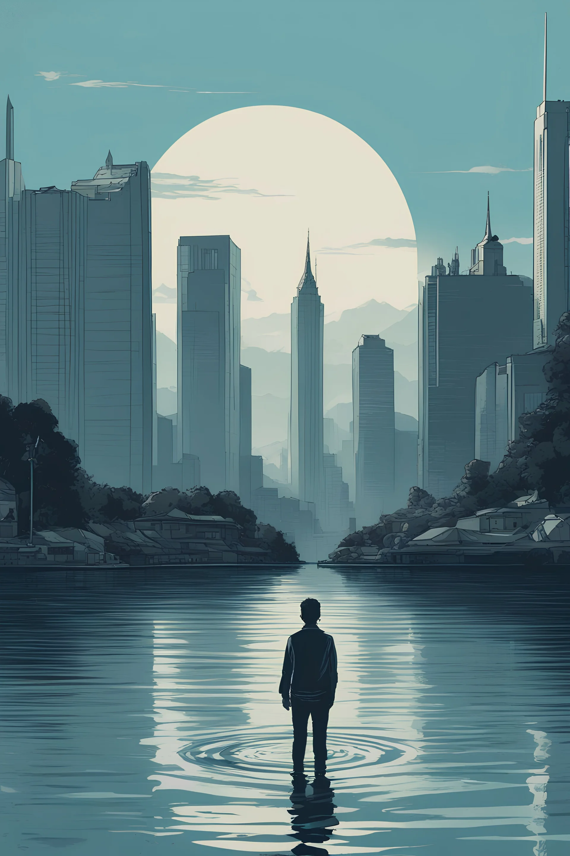 Art poster for a book about the city of Geneva with a lake. The character is in the lake. Dystopian fiction. No words. Detailed architecture