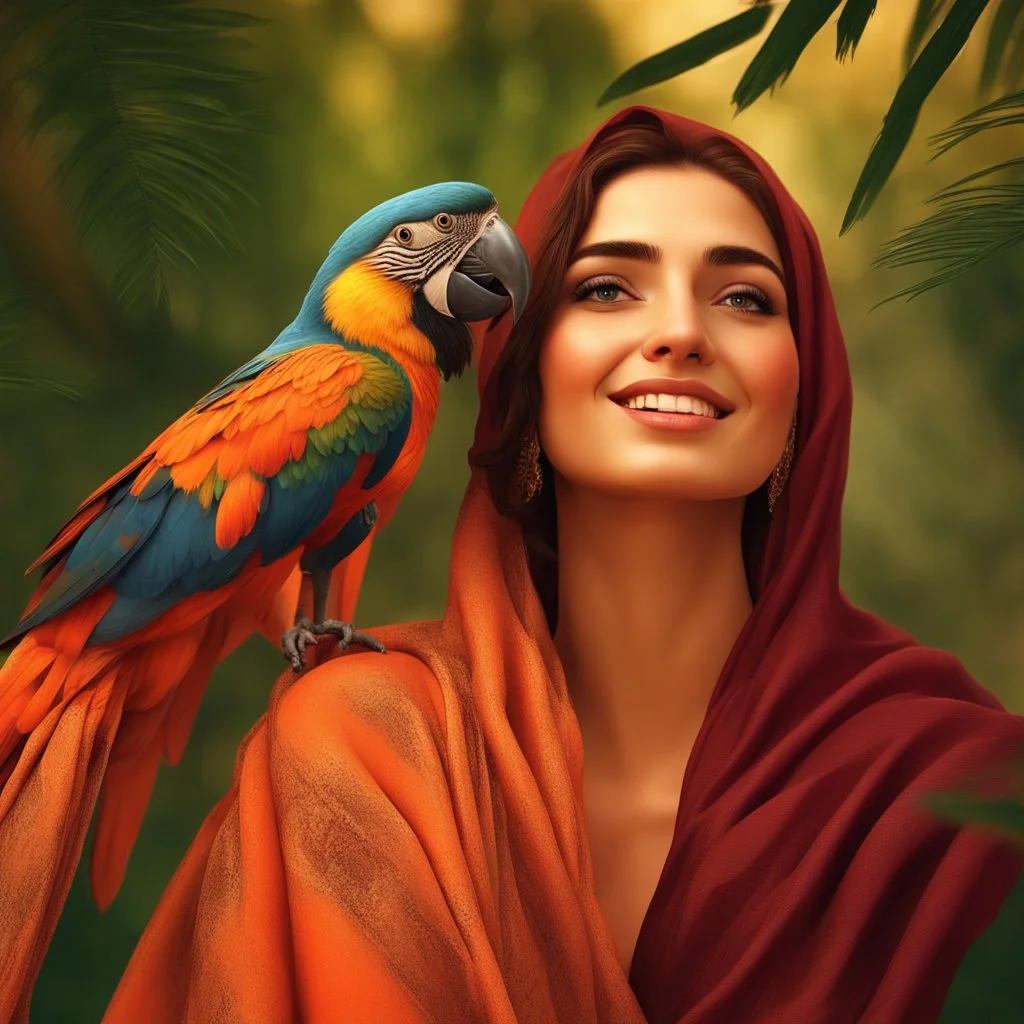 Hyper Realistic close-up-view of a Beautiful-Young-Happy-Pashto-Woman-with-beautiful-eyes-smiling-with-a-parrot, orange-dress-&-maroon-shawl & breeze-whirling in a jungle-with-tall-trees & cloudy-sunset-&-sun-rays showing dramatic & cinematic ambiance