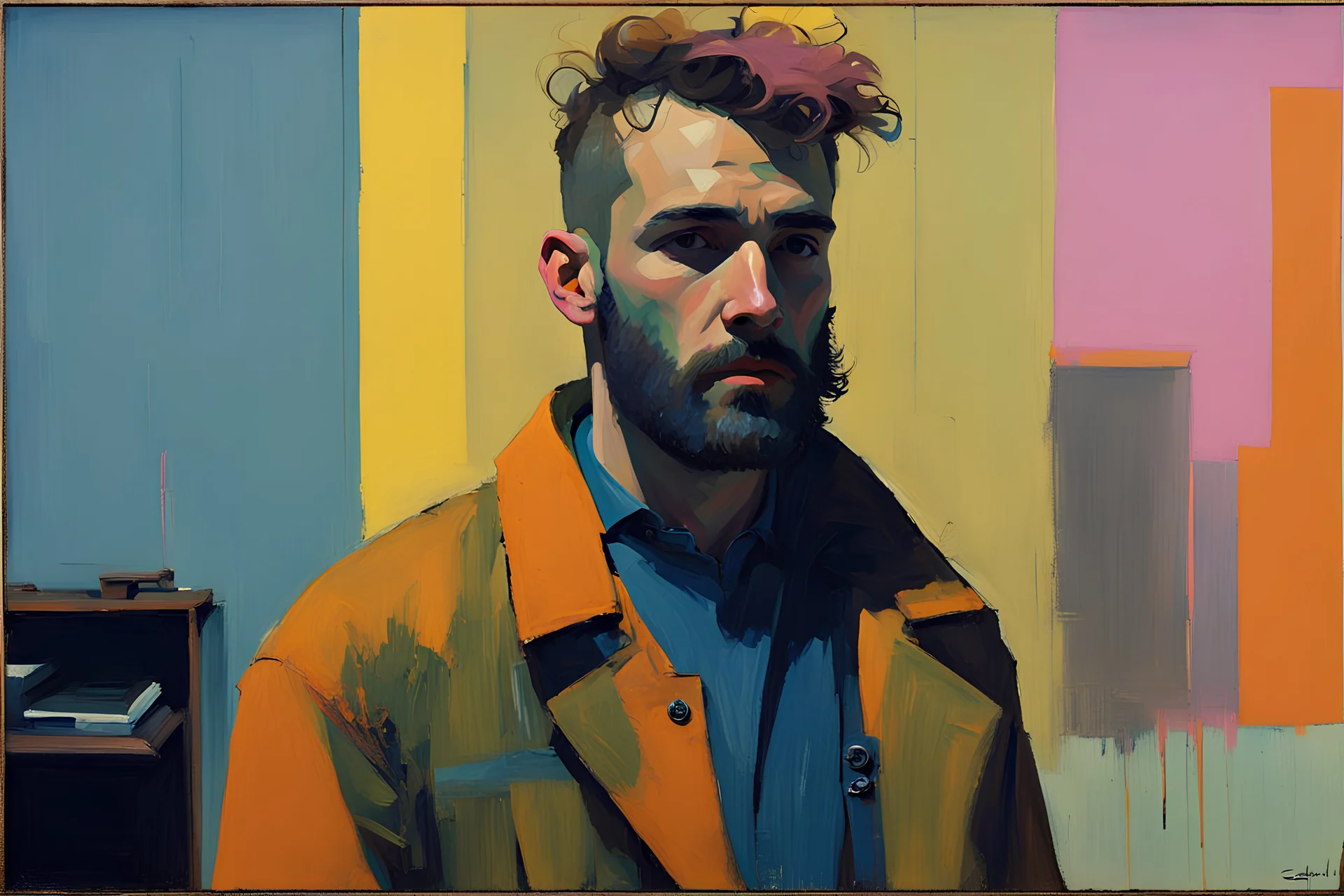 Euan Uglow photo dedicated beautiful a dreaming young beard colored punk guy walks, stormy Day, neon pop '80s oil paint-style raw-in Blade Runner living room- by Stanley Kubrick