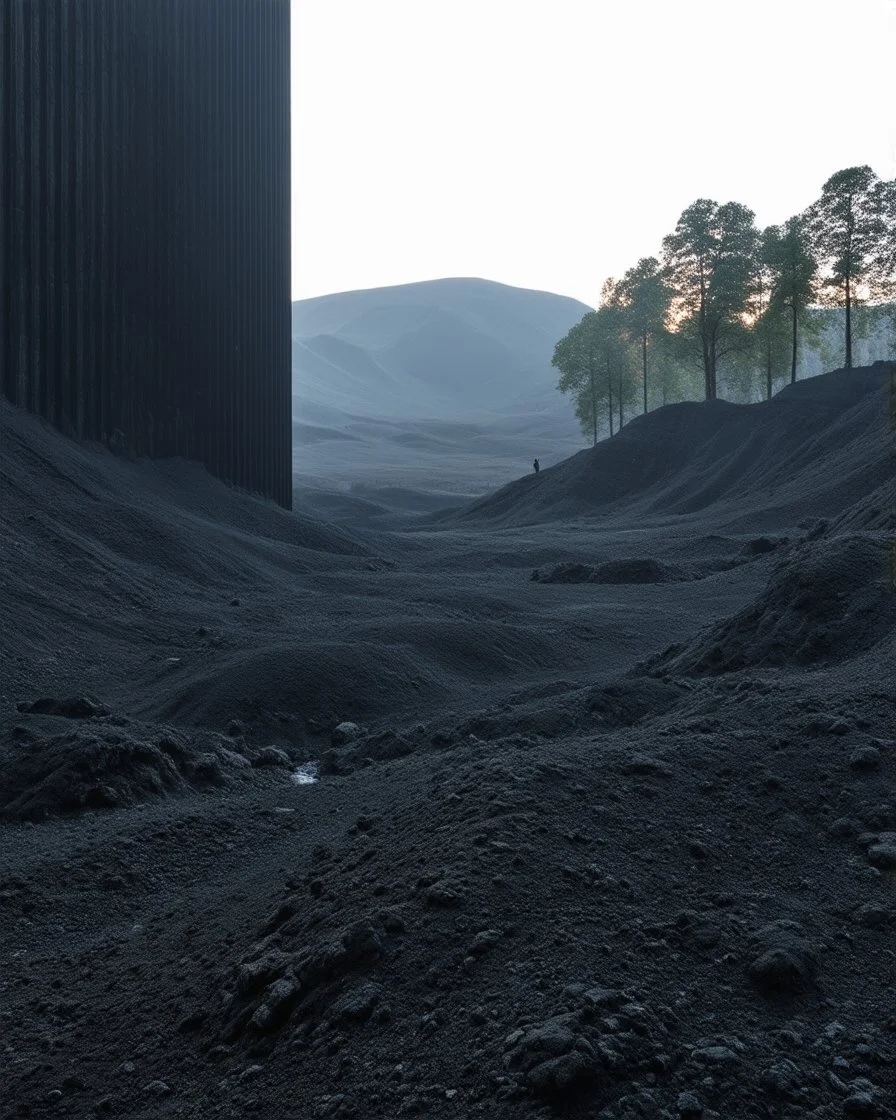 Photograph, NO PEOPLE, a mass of terrain, giant museum space, trees, black pillars, high walls, high peak in a room, rag, powder, brook, sediments, deflagration of the background, geological formation, light, architecture, minimalist, details of the terrain very accentuated, 8k, deep 3d field, sharp, brutalist, hasselblad h6d400c --ar 85:128 --v 6.0