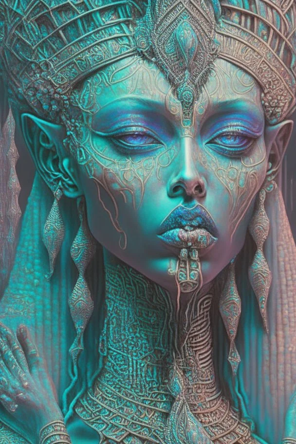 Queen Of The Damned Disguised In Pastels; Insanely detailed, beautiful, award-winning, trippy Hieroglyphics, Symbolism, Dystopian, Elegant, Fantastical, Intricate, Hyperdetailed, Holographic, Magnificent, Meticulous, Mysterious, Ominous