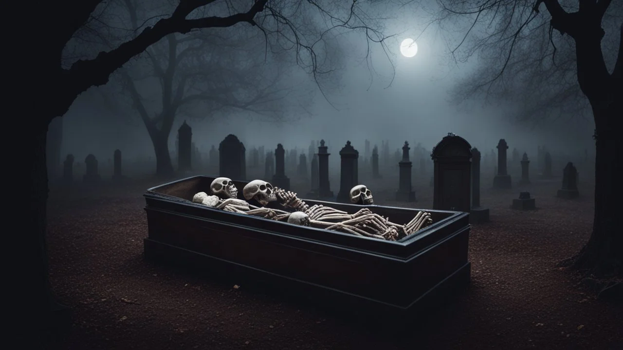 A Dead Married Couple (Both In White) In A Coffin With Their Skeletons, in A A Spooky Cemetery AT Dark Foggy Night Showing Dramatic And Cinematic Ambiance.