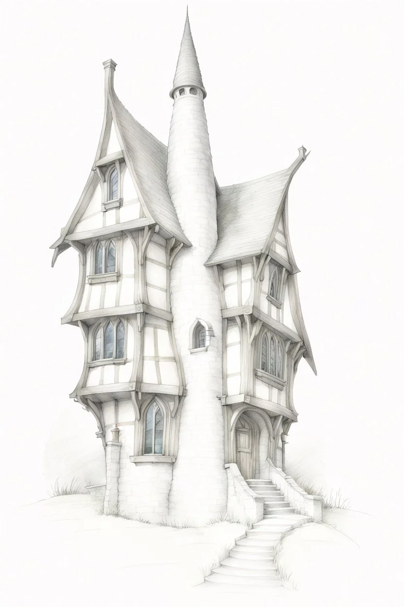 A pencil sketch front elevation line drawing of a tall, narrow, twisted, mediaeval fantasy house.