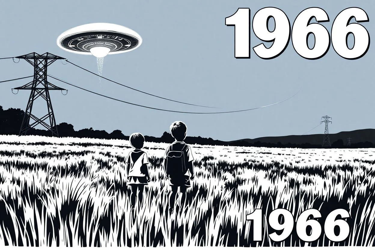 bumper sticker design, westall in bold heading text ufo 1966, lots of school children looking up in a field with high voltage powerline and gumtree's, mysterious cool, bold