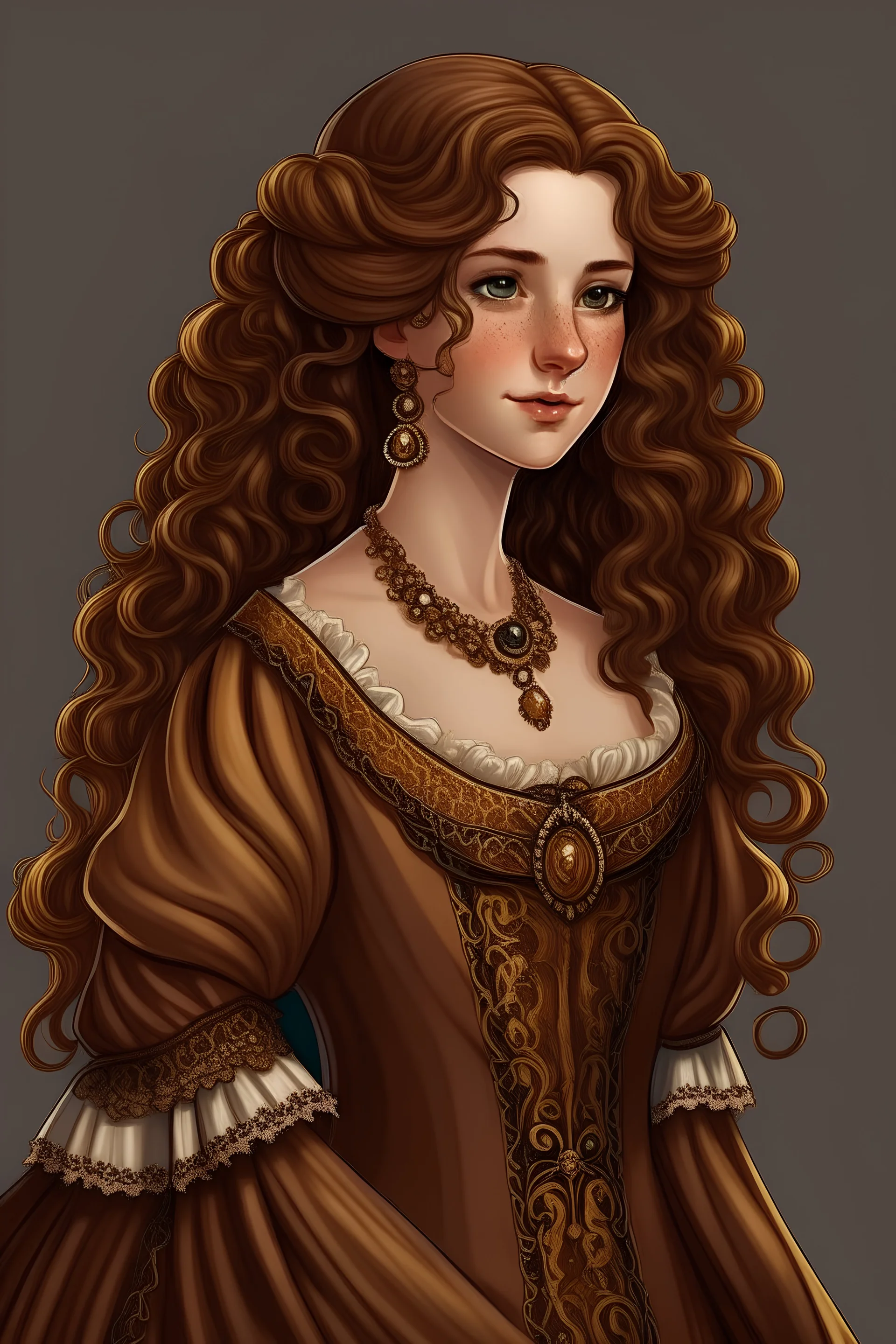 fille cheveux bruns bouclés, robe royale, réaliste