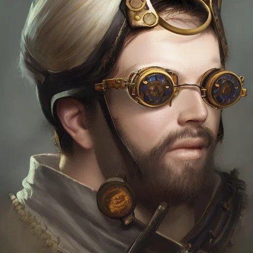 a _ fantasy _ style _ portrait _ painting _ of beautiful white male black hair short head smirk round face steampunk goggles rpg dnd oil _ painting _ unreal _ 5 _ daz. _ rpg _ portrait _ extremely _ detailed _ artgerm _ greg _ rutkowski _ greg