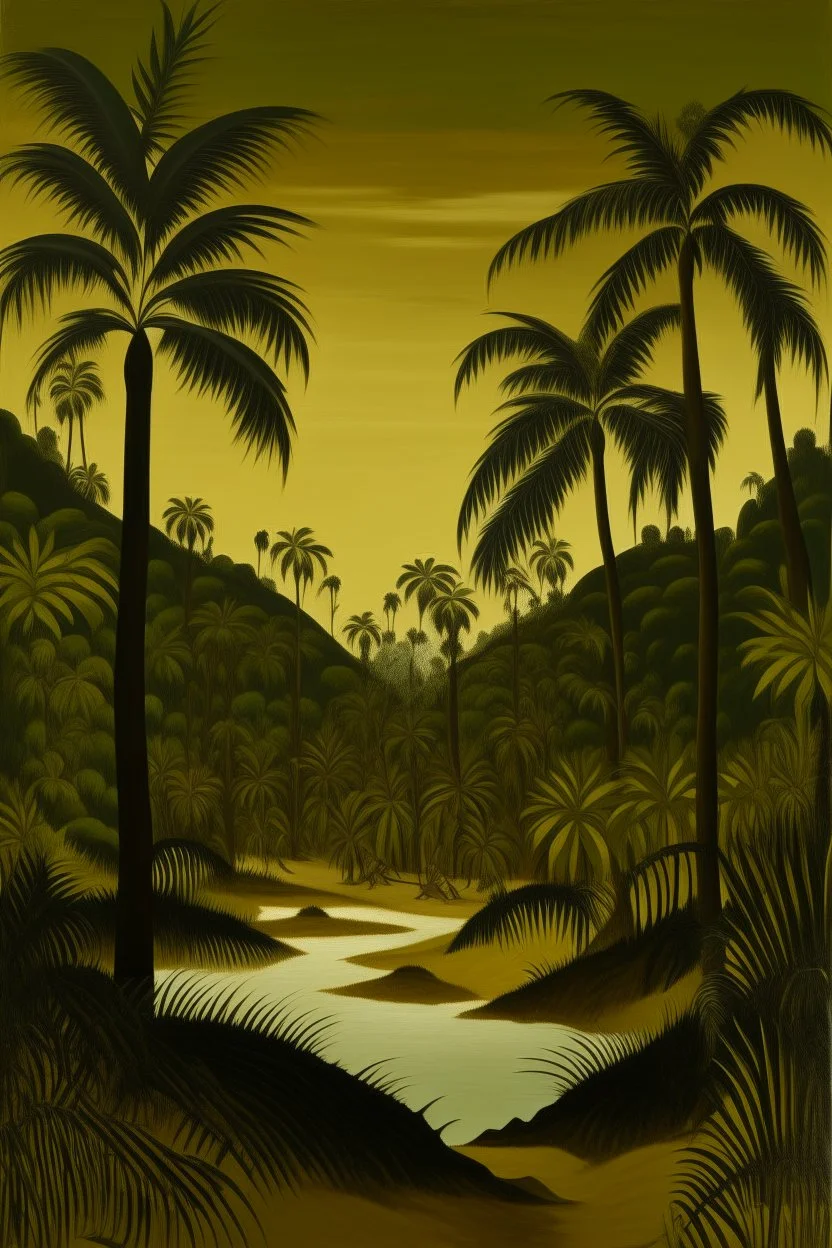 A dark gold mine oasis near a field of palm trees painted by Henri Rousseau