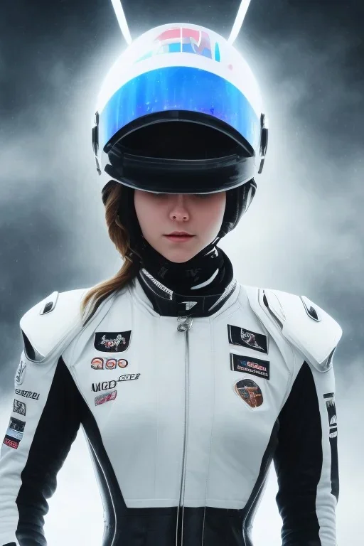 Black racing suit AnnaSophia Robb, portrait, bright white eyes, wearing high tech racing helmet, white smoke, dark, rage, sorrow, high definition, ultra 8 k, volumetric lighting, blue fire, fog