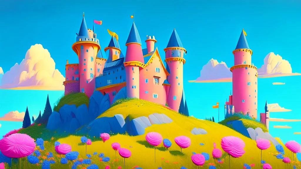 Castle on a hill, Pink walls, orange towers, yellow flowers on the ground, dark blue roof and aqua blue sky, very detailed and realistic