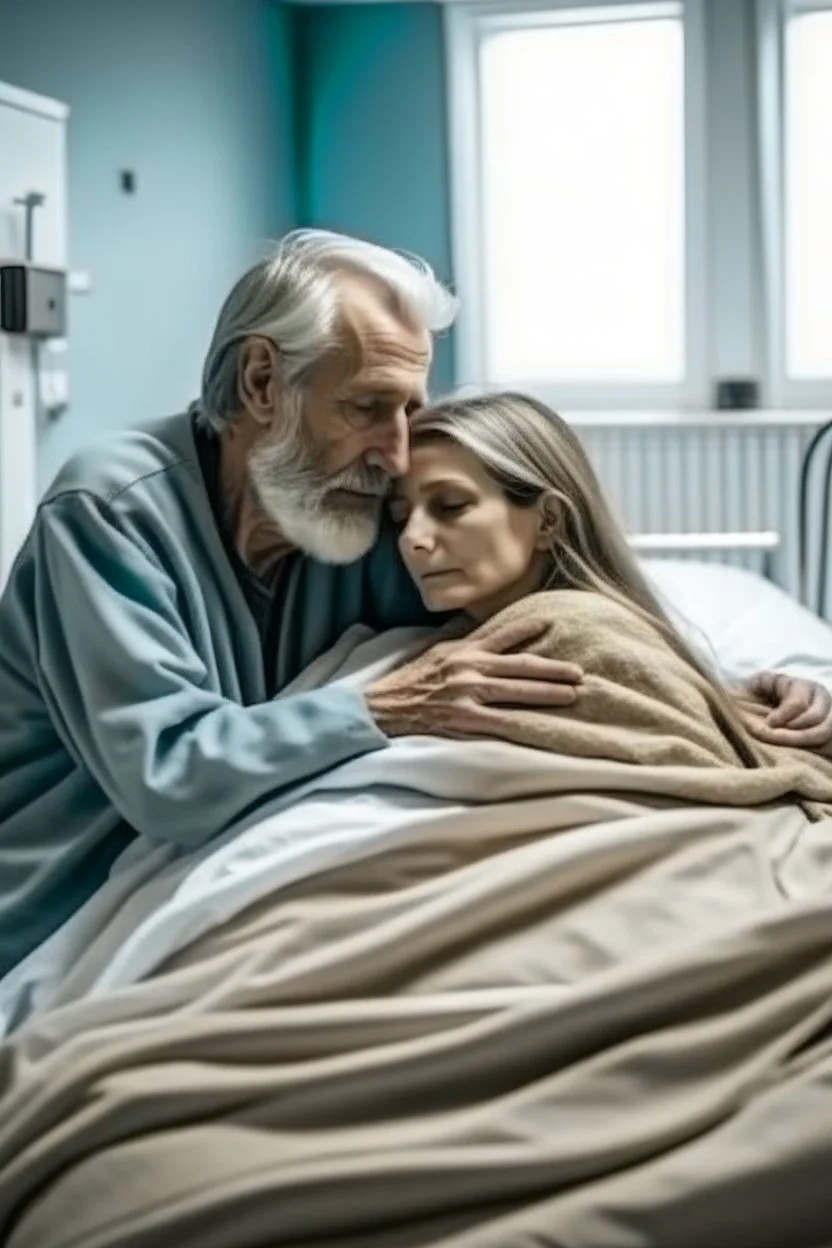 dying man in the hospital. woman hugging his dead body