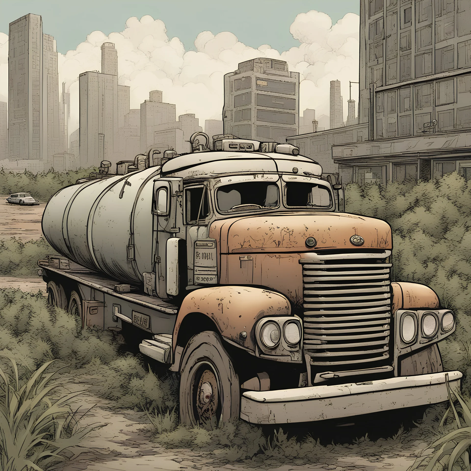 Gas station, overgrown apocalyptic city background,comic book, gasoline tanker truck