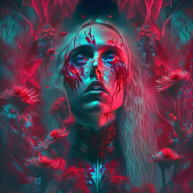 iridescent, Singer Danish MØ face, blood, futuristic, guts, wildflower, cosmic, intricate, darkred tones,sidhe, ominous, nature, plants,