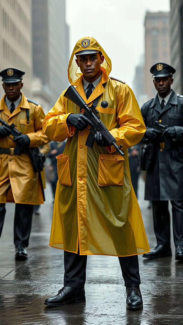 retro nypd full body color 1920 blackmen policeman wtih heavy yellow rain transparent coat with thompson riffle