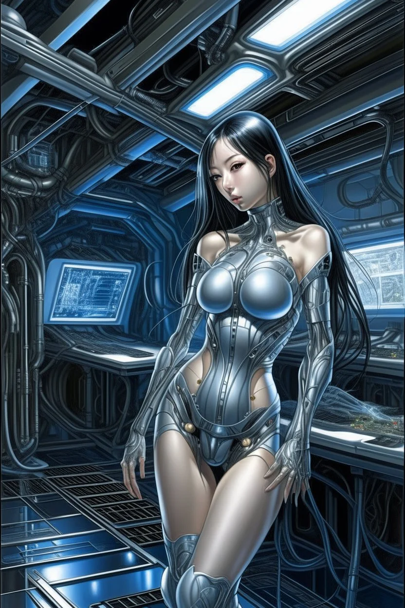 A digital painting by Kuniyoshi and Hajime Sorayama of full body tech beautiful cyborg girl inside a futuristic matrix.