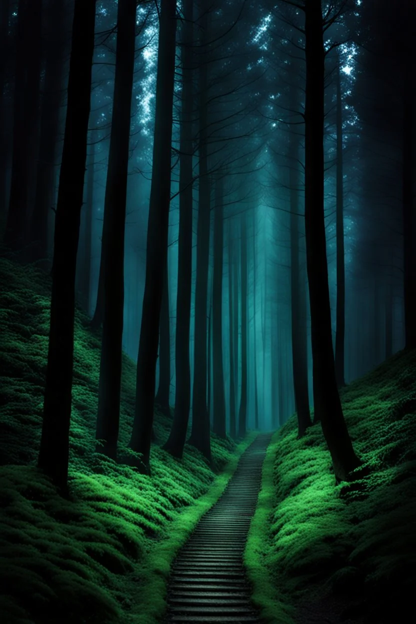 pathway leading into a Dark forest. fantasy