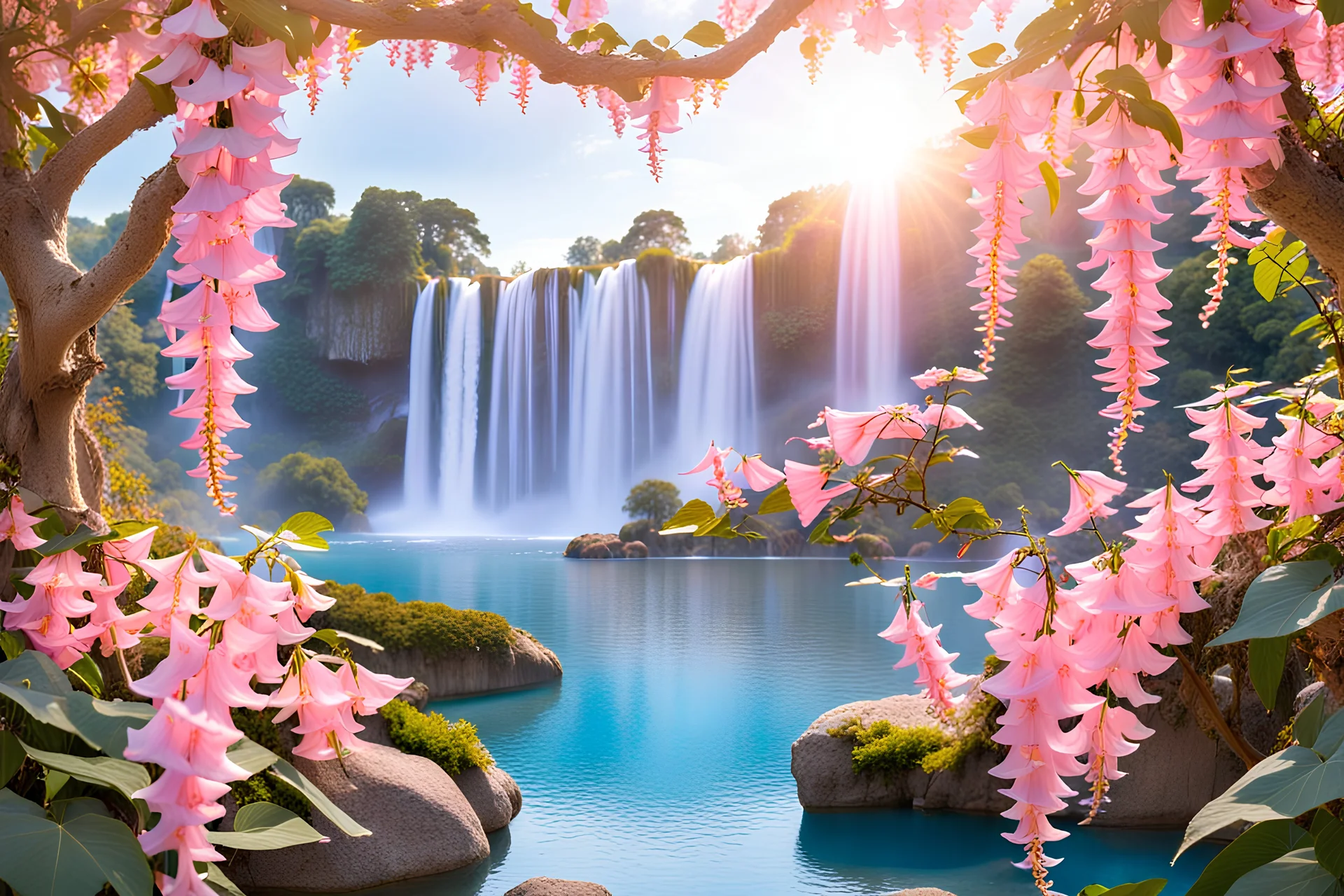 magic garden with pink trumpet vine, white or parma or blue light effects colors, sun, realistic, very detailed, pink trumpet creeper, peaceful lake, waterfalls in the background of the park, high contrast, 8k, high definition, concept art, sharp focus